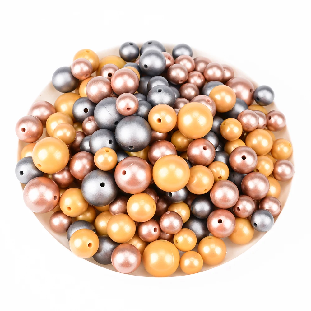 12mm/15mm 50pcs Metallic Golden Print Silicone Beads Silver Teething Beads Food Grade Silicone Chewable Teething For Infant