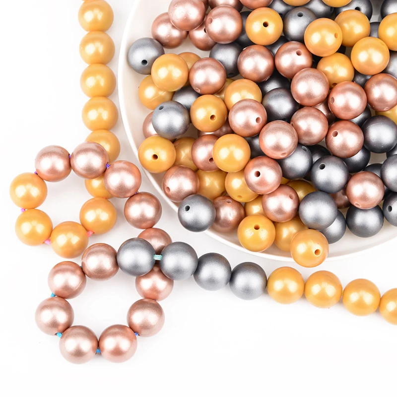 12mm/15mm 50pcs Metallic Golden Print Silicone Beads Silver Teething Beads Food Grade Silicone Chewable Teething For Infant