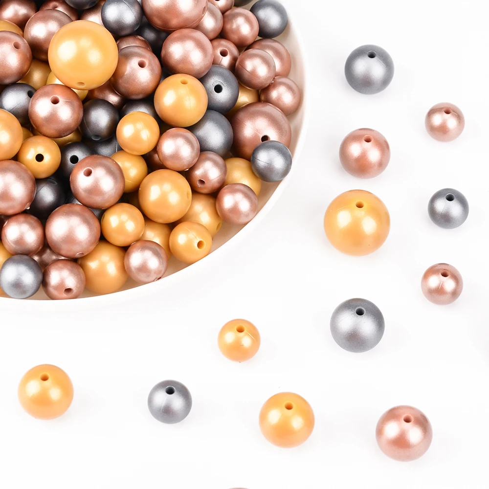 12mm/15mm 50pcs Metallic Golden Print Silicone Beads Silver Teething Beads Food Grade Silicone Chewable Teething For Infant