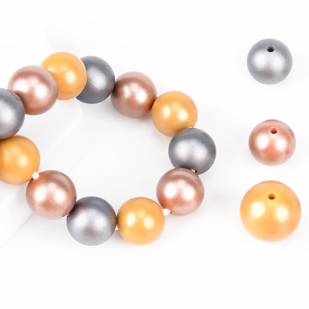 12mm/15mm 50pcs Metallic Golden Print Silicone Beads Silver Teething Beads Food Grade Silicone Chewable Teething For Infant