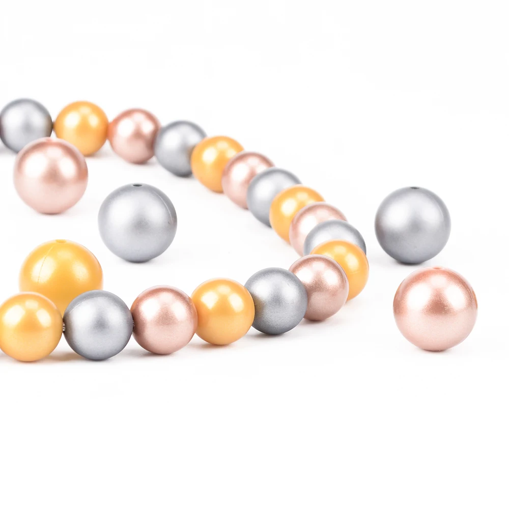 12mm/15mm 50pcs Metallic Golden Print Silicone Beads Silver Teething Beads Food Grade Silicone Chewable Teething For Infant