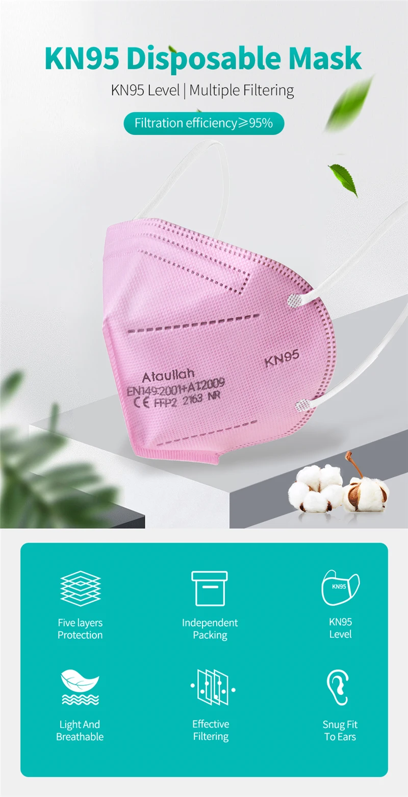 Ataullah ffp2 face mask kn95 Mascarillas 5 Layer filtration disposable breathable mask Protective Dustproof Mouth Mask fpp2 kn95
