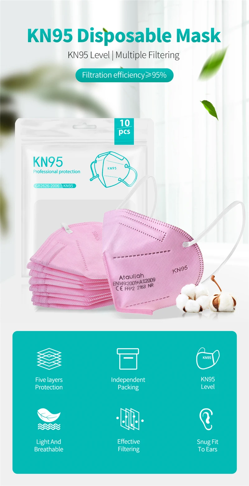 Ataullah ffp2 face mask kn95 Mascarillas 5 Layer filtration disposable breathable mask Protective Dustproof Mouth Mask fpp2 kn95
