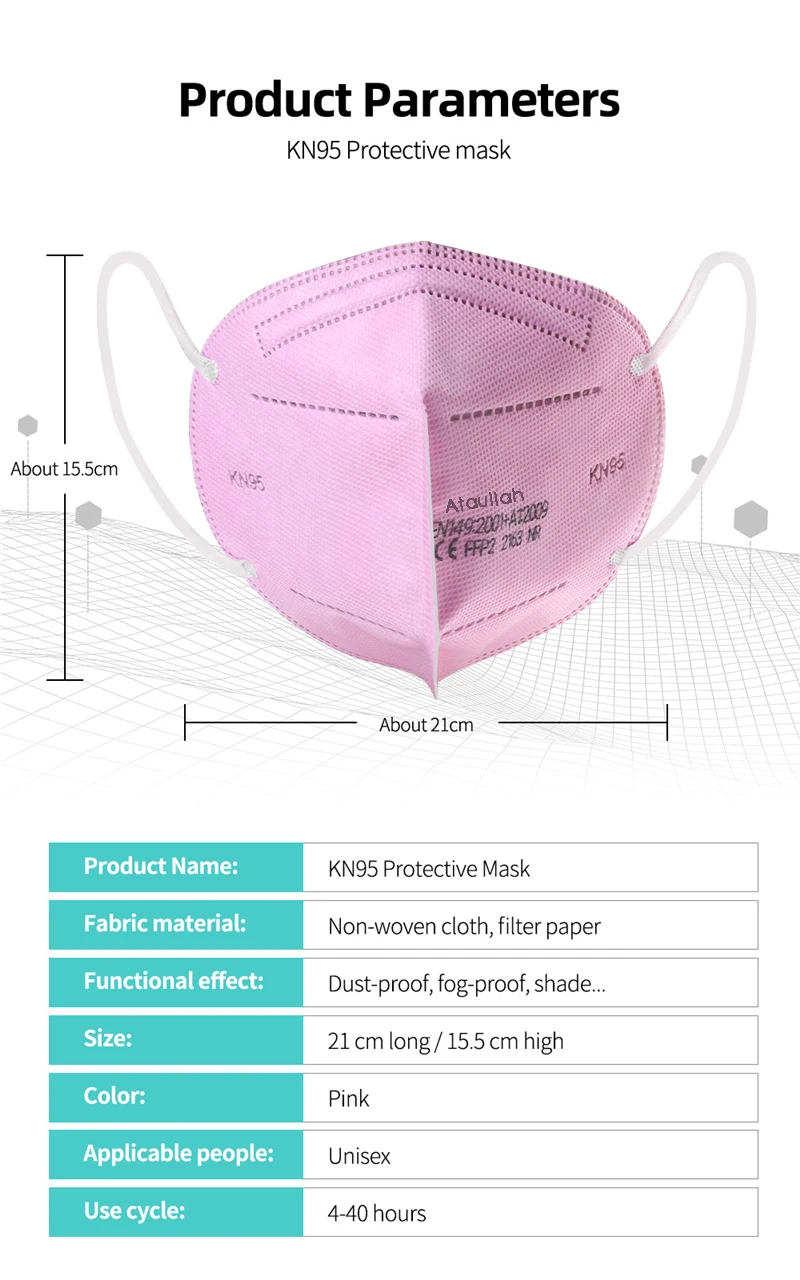 Ataullah ffp2 face mask kn95 Mascarillas 5 Layer filtration disposable breathable mask Protective Dustproof Mouth Mask fpp2 kn95