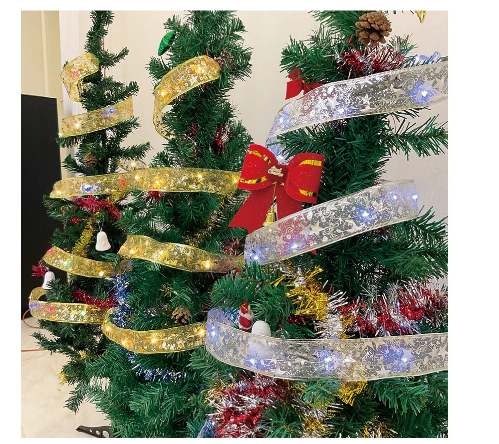 2026 LED Ribbon Decoration Lights 10m Christmas Tree Decoration Ornaments Lace Bows String Lights Navidad Home Decors New Year