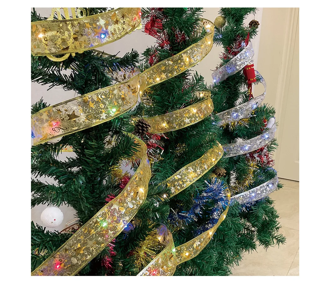 2026 LED Ribbon Decoration Lights 10m Christmas Tree Decoration Ornaments Lace Bows String Lights Navidad Home Decors New Year