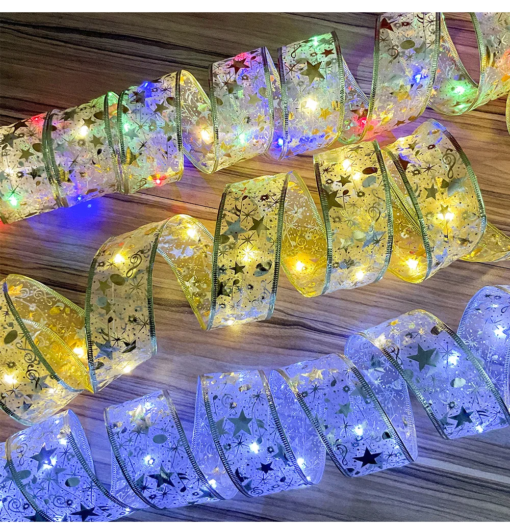 2026 LED Ribbon Decoration Lights 10m Christmas Tree Decoration Ornaments Lace Bows String Lights Navidad Home Decors New Year