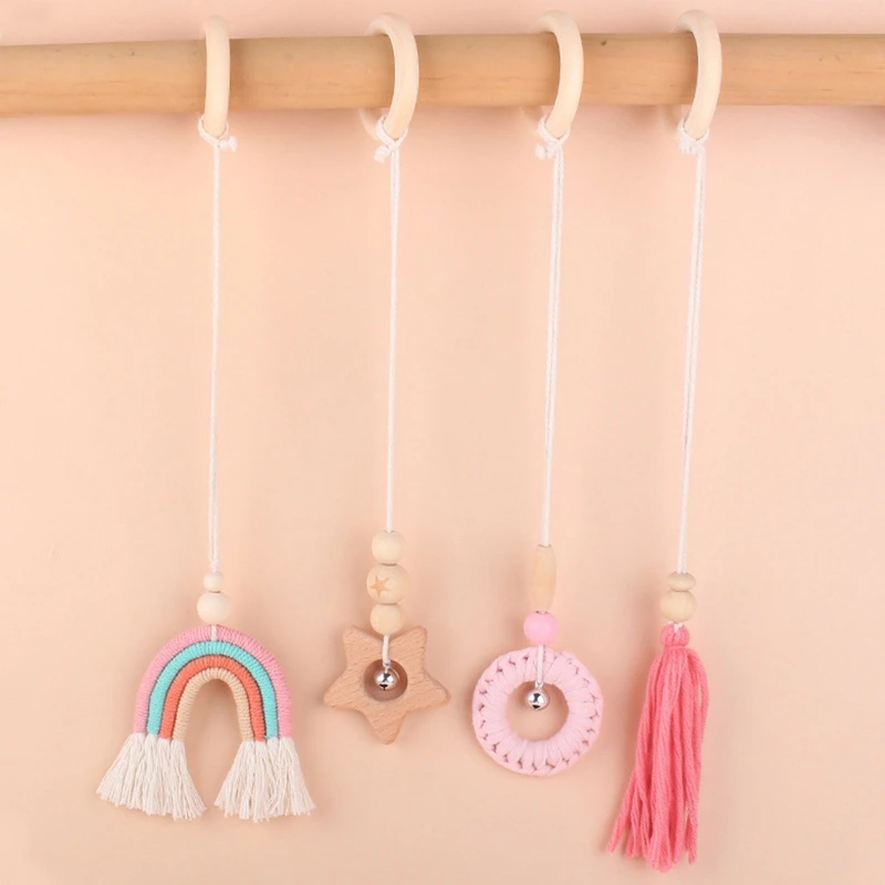 3/4 Pcs Baby Gym Frame Beech Wood Ring Baby Fitness Rack Pendants Silicone Beads Teether Newborn Stroller Rattle Play Gym Toys