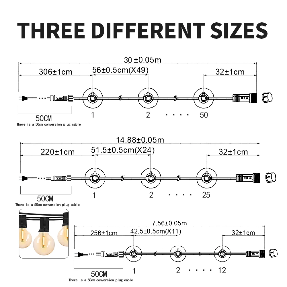 100/50/25ft Outdoor Garland Lights 220V G40 Plastic Bulb LED Tent Fairy Patio String Light Wedding Garden Party Decoration