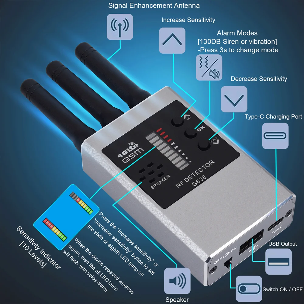 Wireless RF Signal Detector Bug GSM Audio GPS Tracker Mini Camera Finder Camera IR Scanning AI Standby Automatic Detection G638W