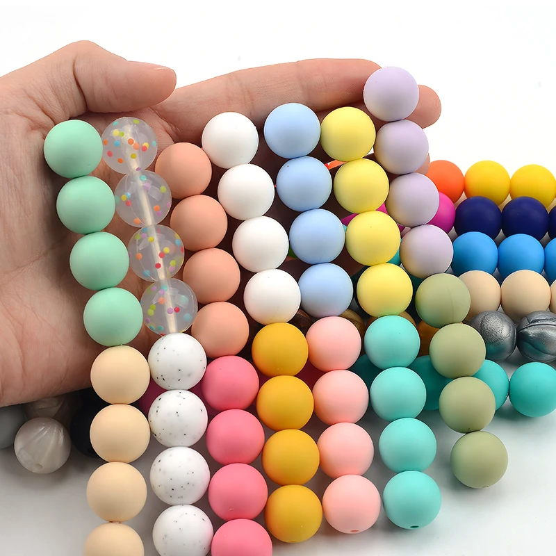 LOFCA 12mm 100pcs Silicone Beads Round Teether Baby Nursing Necklace Pacifier Clip Oral Care BPA Free Food Grade Colorful