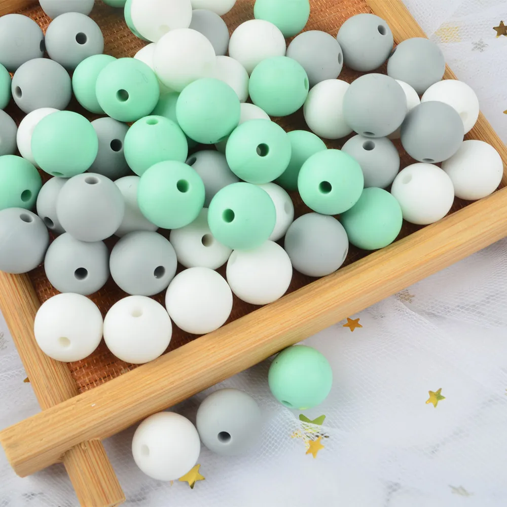 LOFCA 12mm 100pcs Silicone Beads Round Teether Baby Nursing Necklace Pacifier Clip Oral Care BPA Free Food Grade Colorful