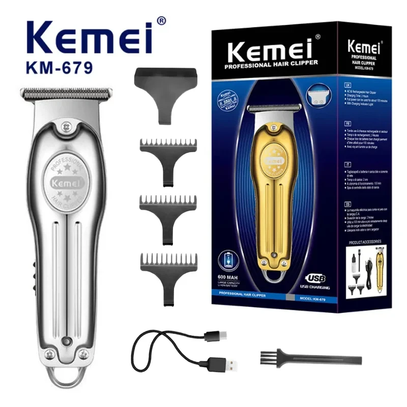 Wholesale Electric Gold Silver Color Hair Trimmer Kemei KM-679 USB Charging Mini LCD Light Carving Scissors Hair Clipper