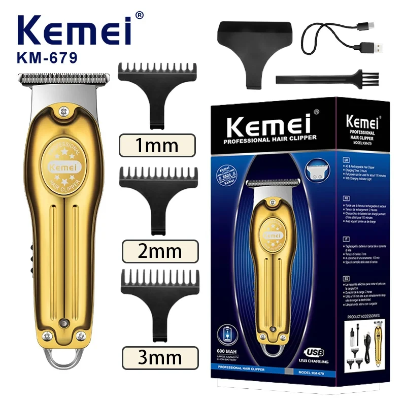 Wholesale Electric Gold Silver Color Hair Trimmer Kemei KM-679 USB Charging Mini LCD Light Carving Scissors Hair Clipper
