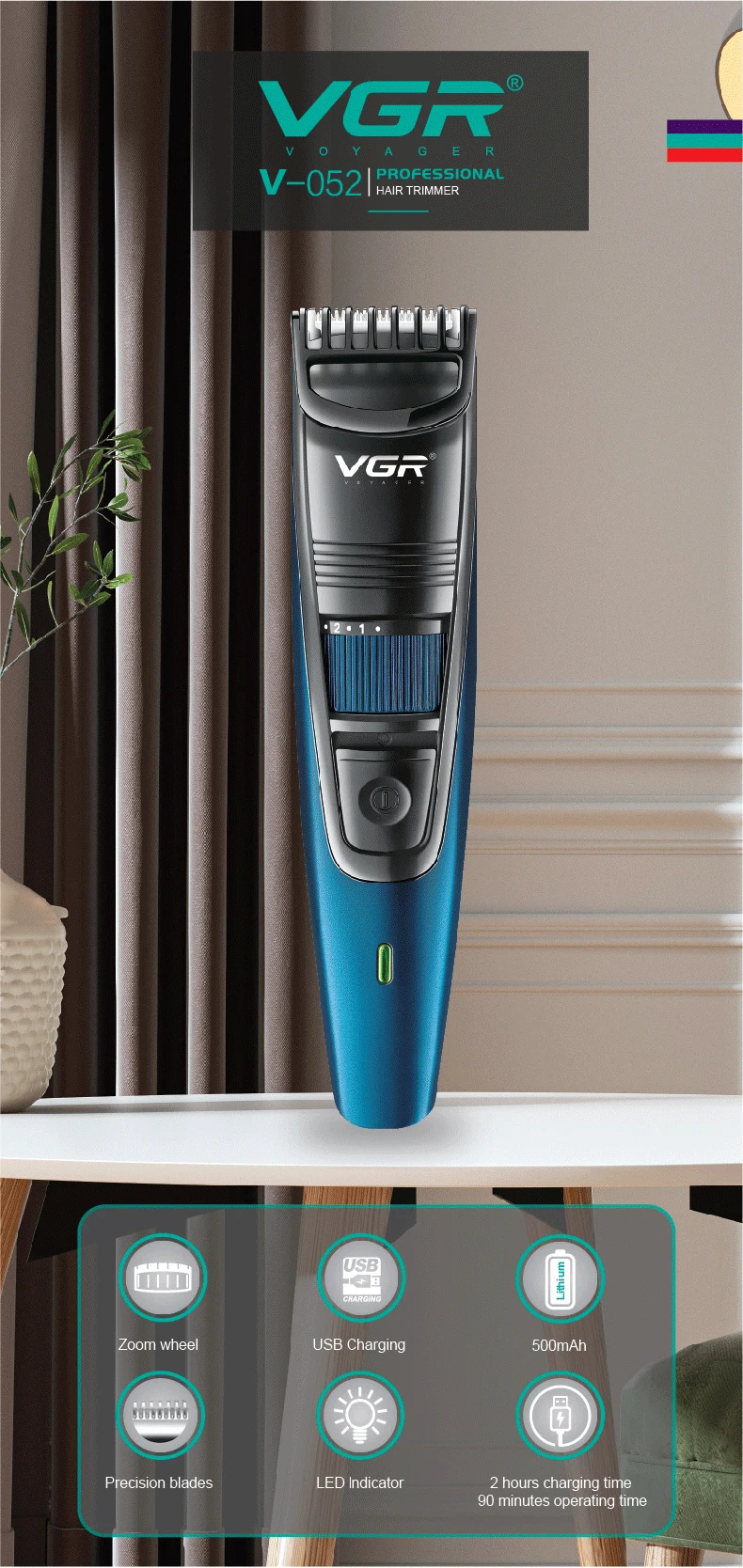 Original VGR Adjustable Beard Hair Trimmer For Men Cordless Stubble Hair Clipper Electric Lithium Haircut Machine Rechargeable