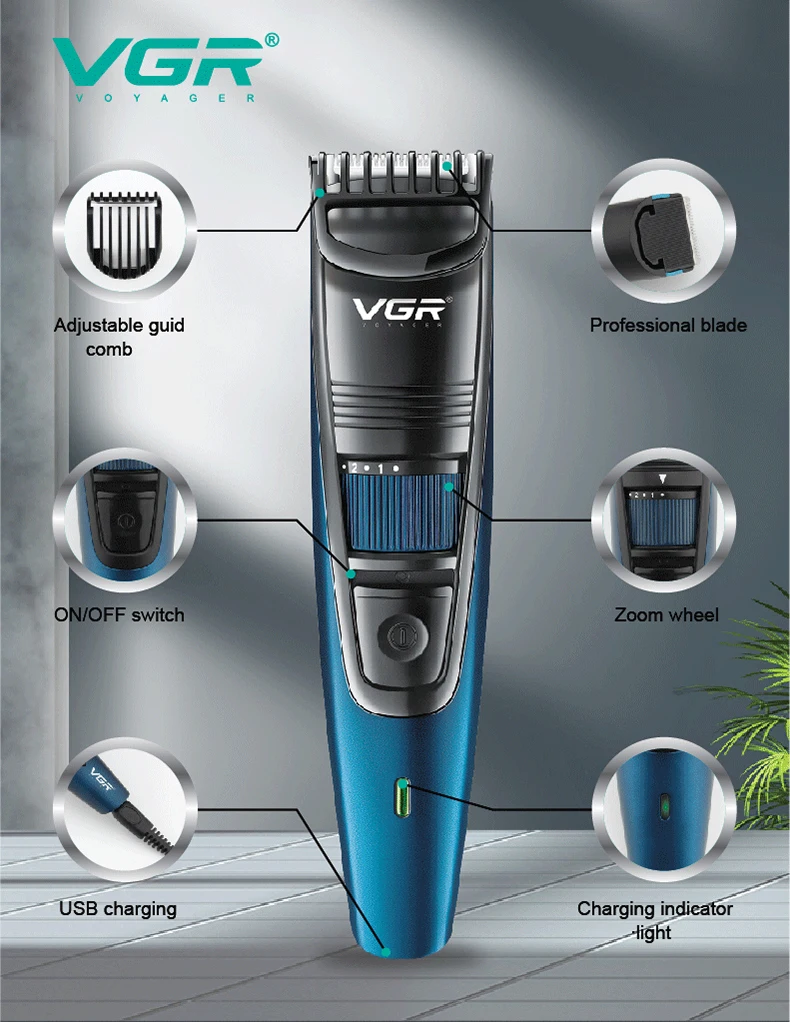 Original VGR Adjustable Beard Hair Trimmer For Men Cordless Stubble Hair Clipper Electric Lithium Haircut Machine Rechargeable