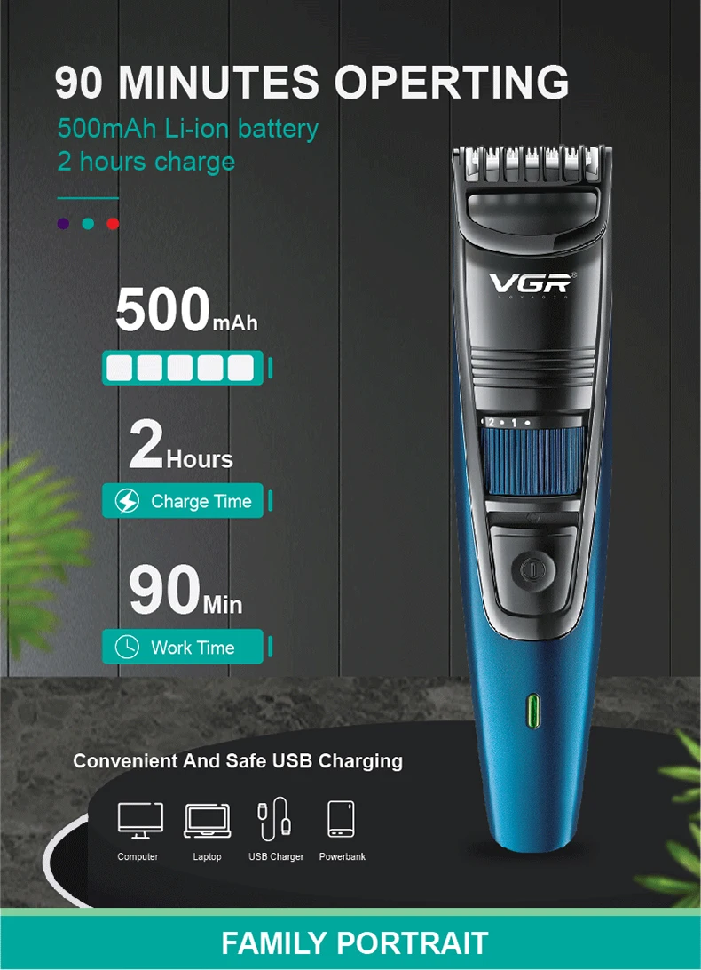 Original VGR Adjustable Beard Hair Trimmer For Men Cordless Stubble Hair Clipper Electric Lithium Haircut Machine Rechargeable