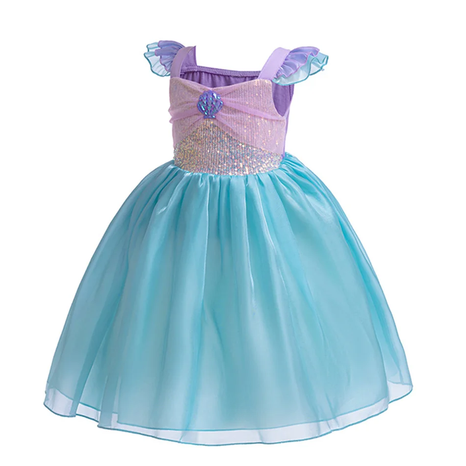 Mermaid Costume Summer Ariel Princess Dress Girls Birthday Part Dress Kids Blue Fluff Sleeve Ball Gown Girls outfit clothes