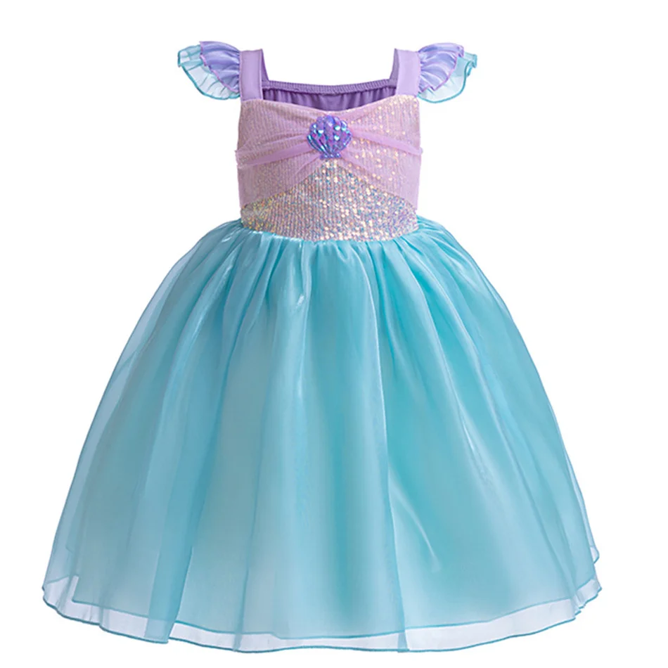 Mermaid Costume Summer Ariel Princess Dress Girls Birthday Part Dress Kids Blue Fluff Sleeve Ball Gown Girls outfit clothes