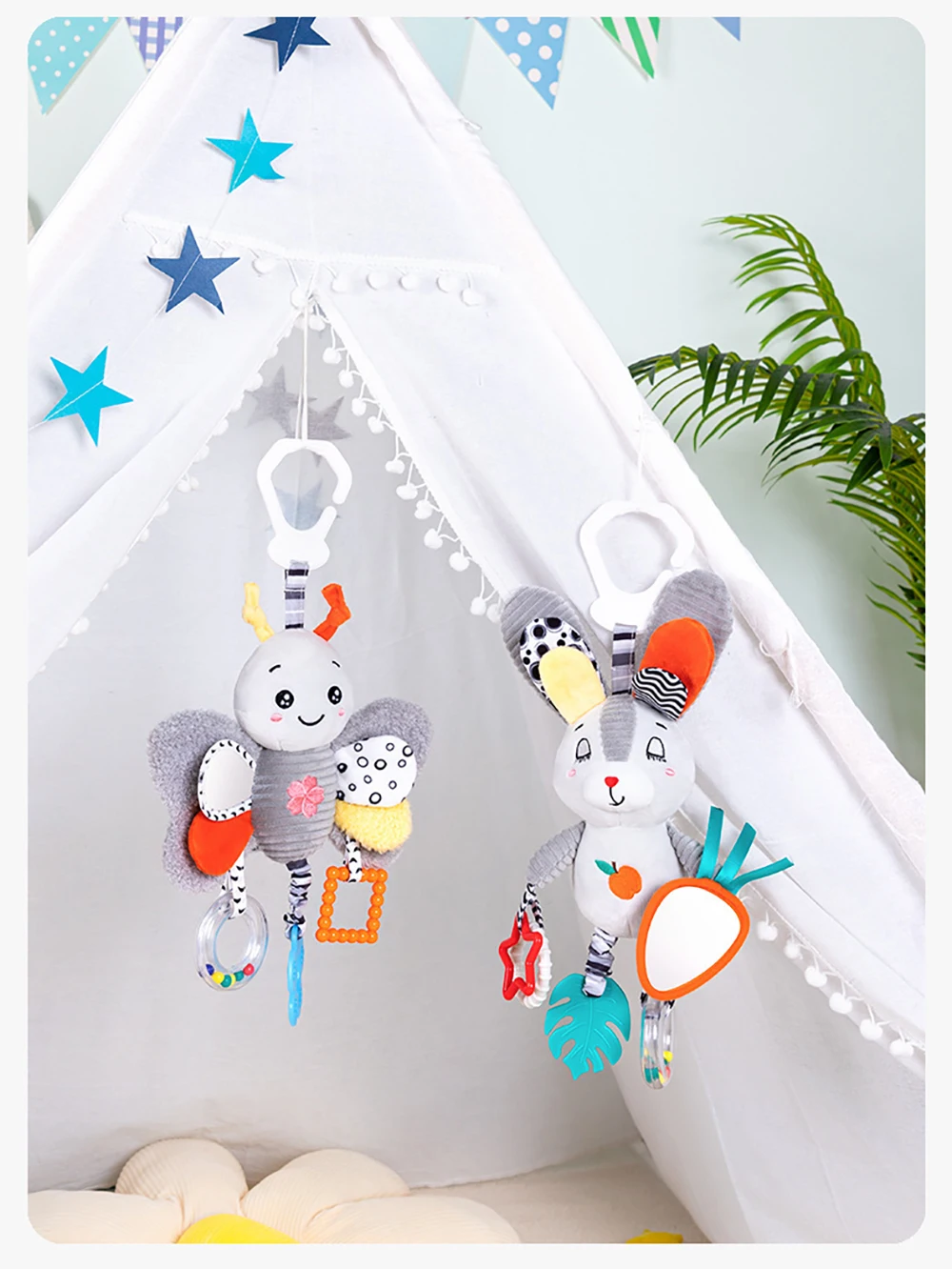 Baby Hanging Rattle Toys Plush Soft Animal Stuffed Handbells Educational Infant Development Handle Toys for Stroller Crib