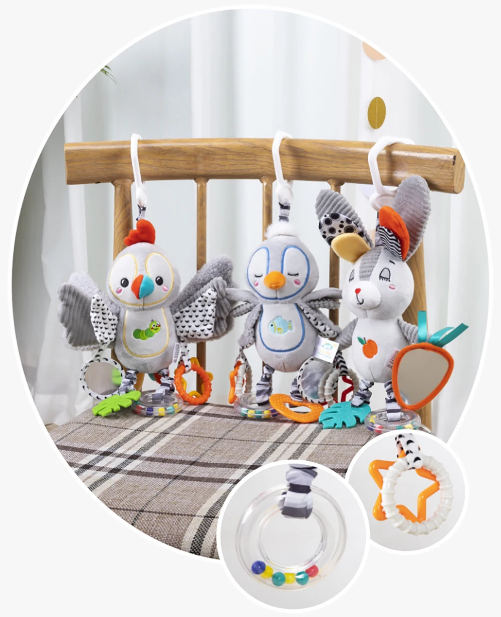 Baby Hanging Rattle Toys Plush Soft Animal Stuffed Handbells Educational Infant Development Handle Toys for Stroller Crib