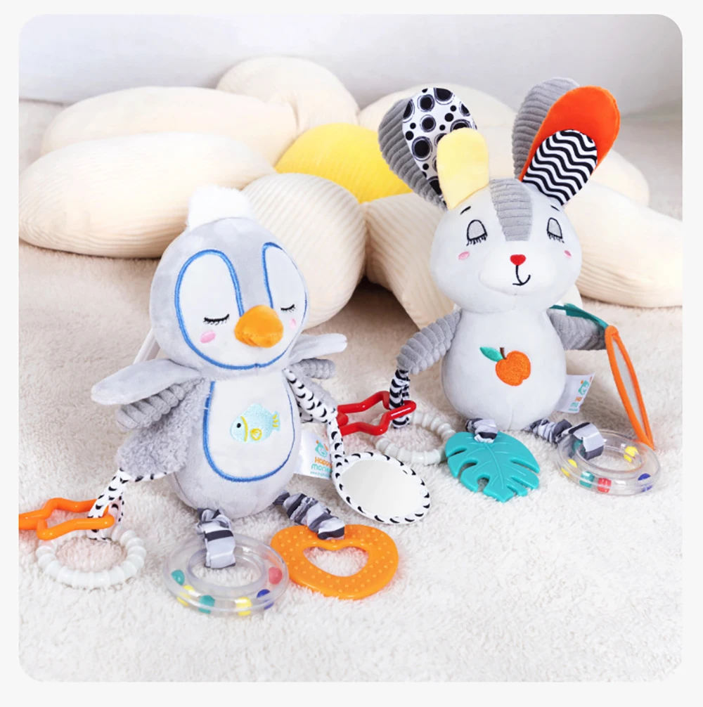 Baby Hanging Rattle Toys Plush Soft Animal Stuffed Handbells Educational Infant Development Handle Toys for Stroller Crib