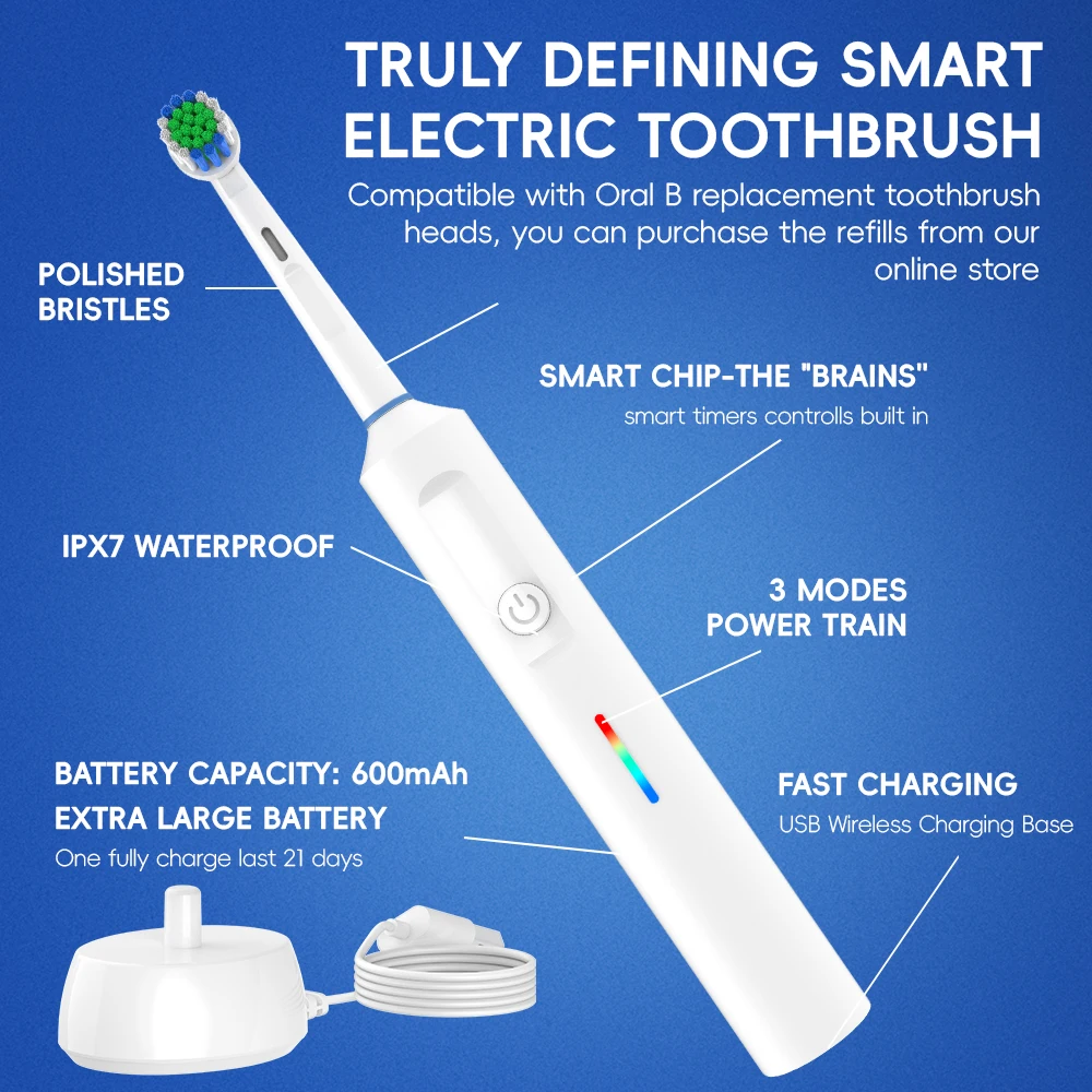 Smart Wireless Charging Rotating Electric Toothbrush, Rechargeable Electric Rotary Toothbrush Compatible with Oral B Brush Head