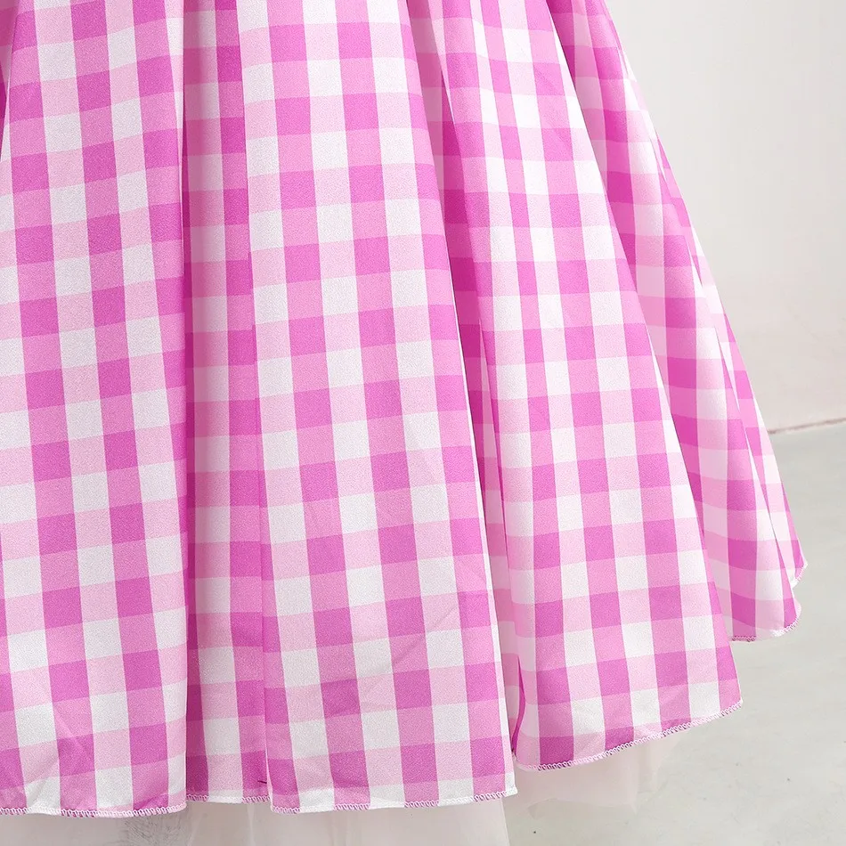 Halloween Hot Movie Barbei Baby Girl Pink Cowboy Look Dress Summer Beach Stripe Cute Sleeveless Plaid Slim Strap Dress Set