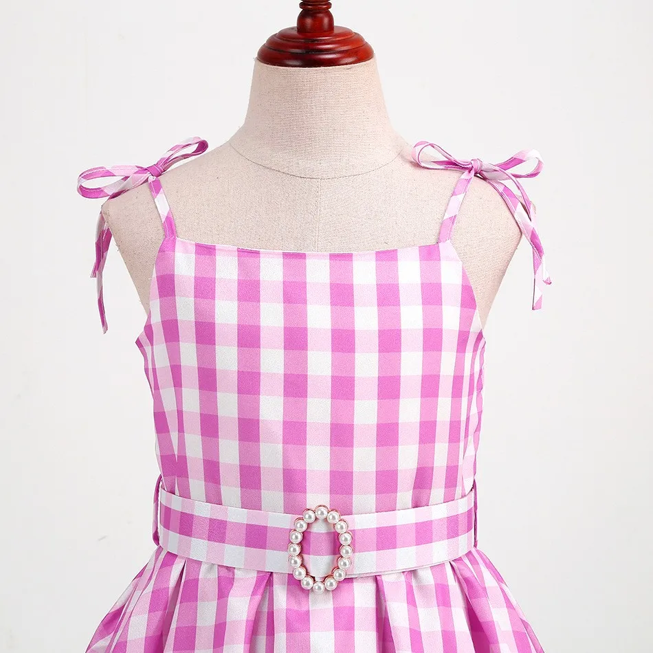 Halloween Hot Movie Barbei Baby Girl Pink Cowboy Look Dress Summer Beach Stripe Cute Sleeveless Plaid Slim Strap Dress Set