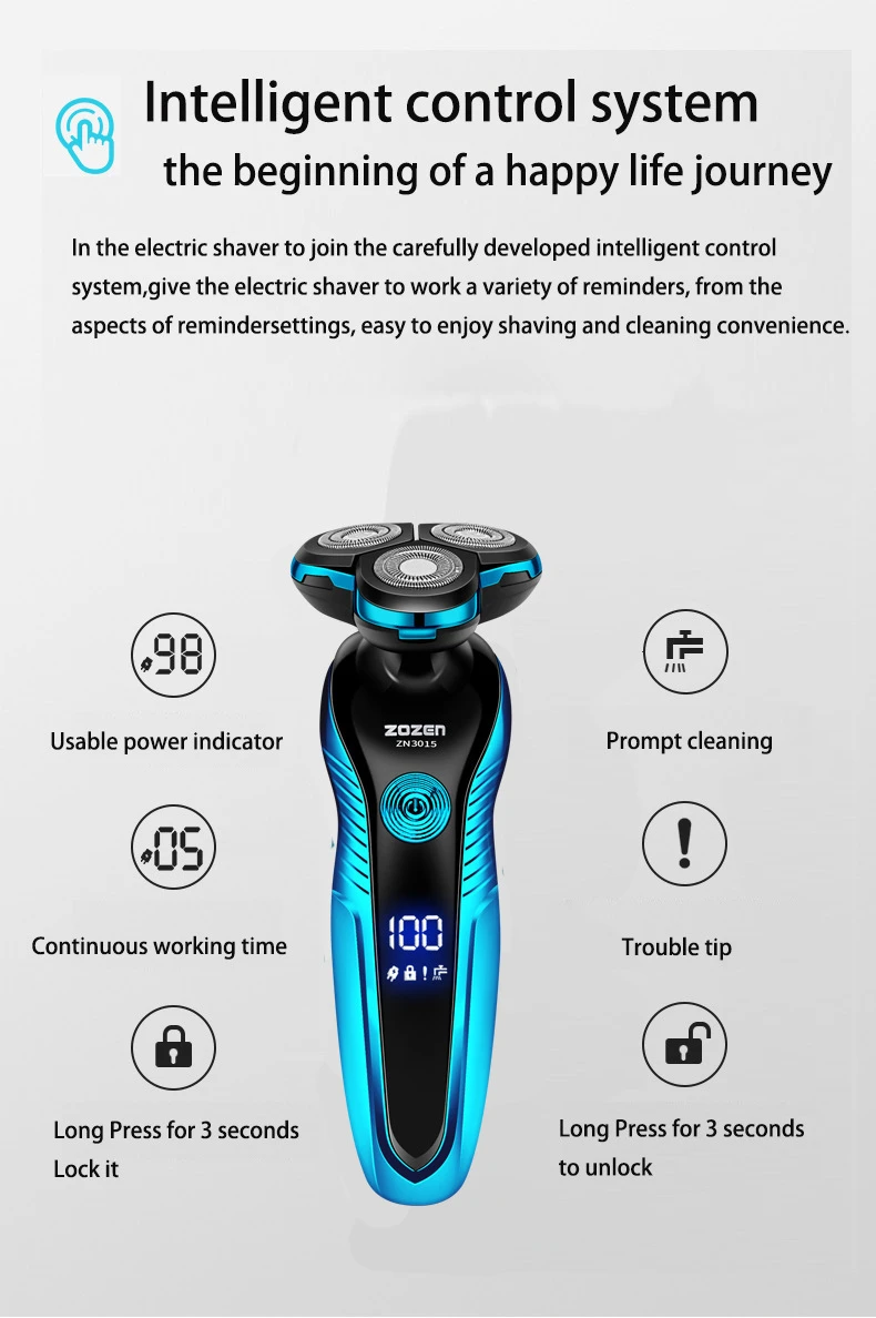 ZOZEN Rotary Electric Shaver Rechargeable Electric Razor Shaving Machine for Men Beard Trimmer Waterproof Wet-Dry Use ZN3015