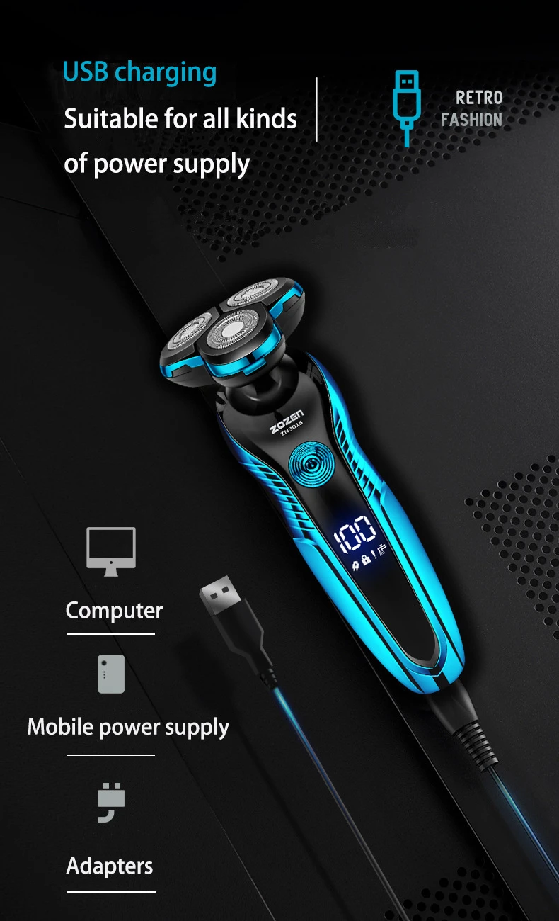 ZOZEN Rotary Electric Shaver Rechargeable Electric Razor Shaving Machine for Men Beard Trimmer Waterproof Wet-Dry Use ZN3015