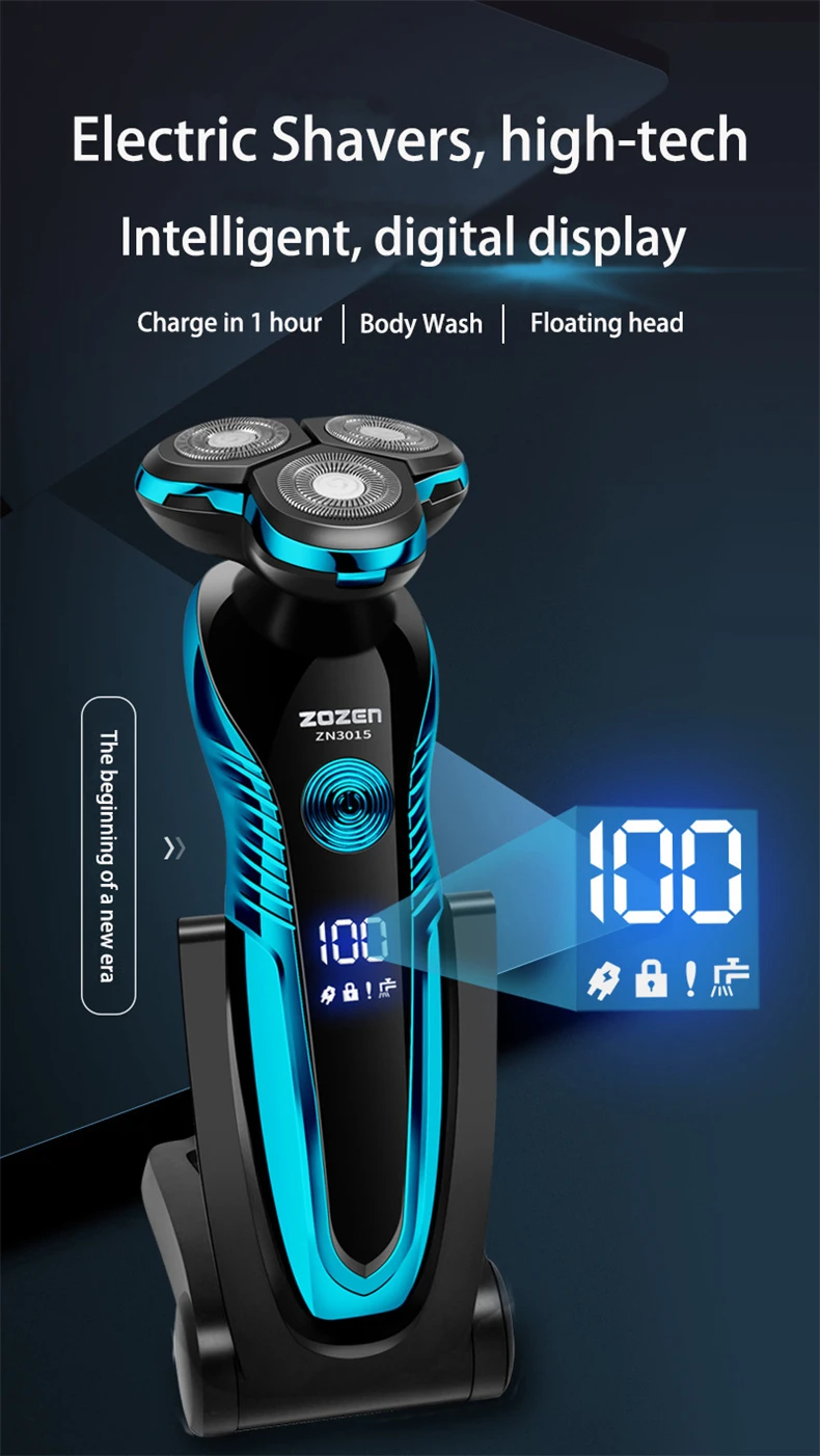 ZOZEN Rotary Electric Shaver Rechargeable Electric Razor Shaving Machine for Men Beard Trimmer Waterproof Wet-Dry Use ZN3015