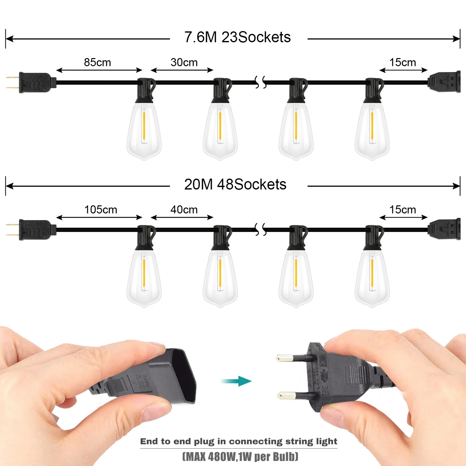 GANRILAND ST38 Garland String Light US EU Plug 220V Outdoor Shatterproof Connectable Plastic Bulb Fairy Light Chian Patio Decor