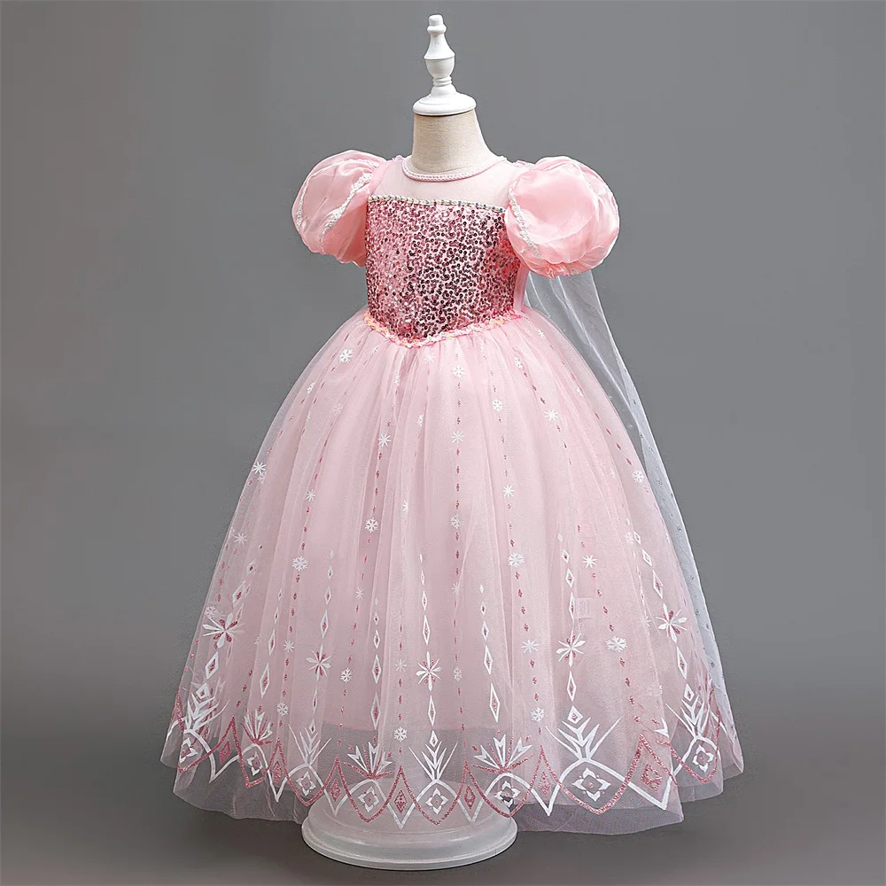 8pcs New Young Girls Frozen Elsa Party Dress Girl 2024 Cosplay Princess Gown Kids Snowflake Ice Fashion Clothes Fluffy Costumes