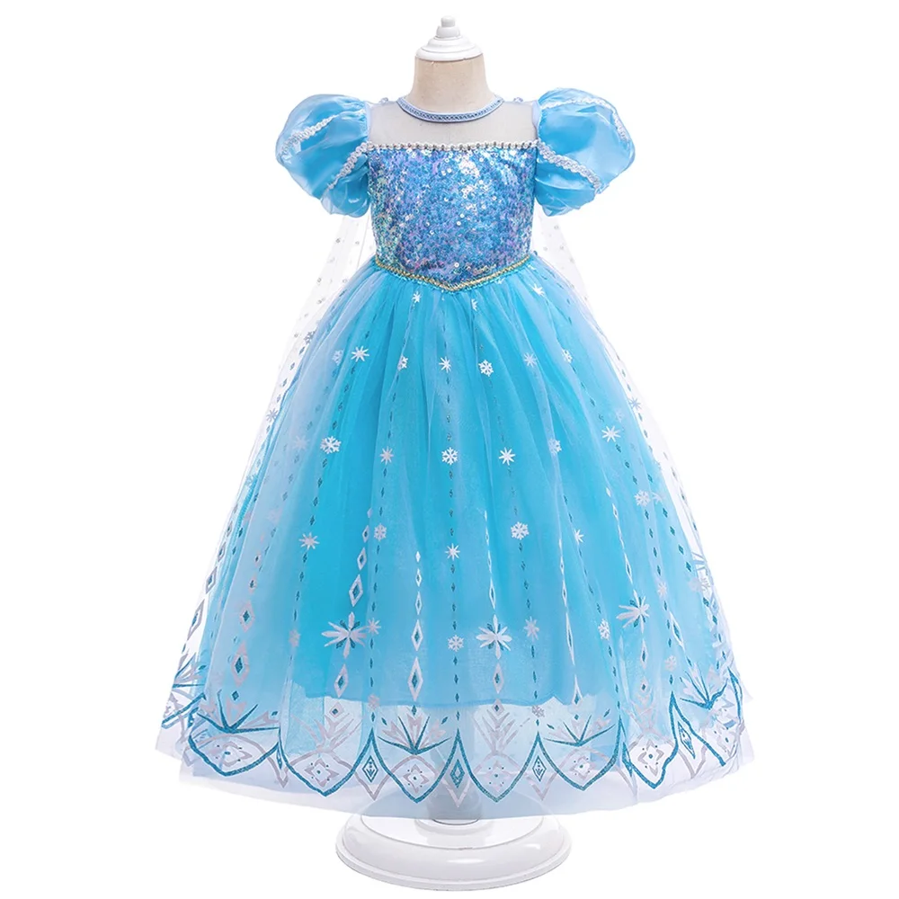 8pcs New Young Girls Frozen Elsa Party Dress Girl 2024 Cosplay Princess Gown Kids Snowflake Ice Fashion Clothes Fluffy Costumes