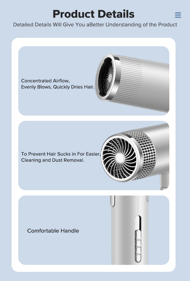 Low Noise Cold and Hot Negative Ion Hair Dryer Intelligent Temperature Adjustable Quick Drying Leafless Hair Dryer