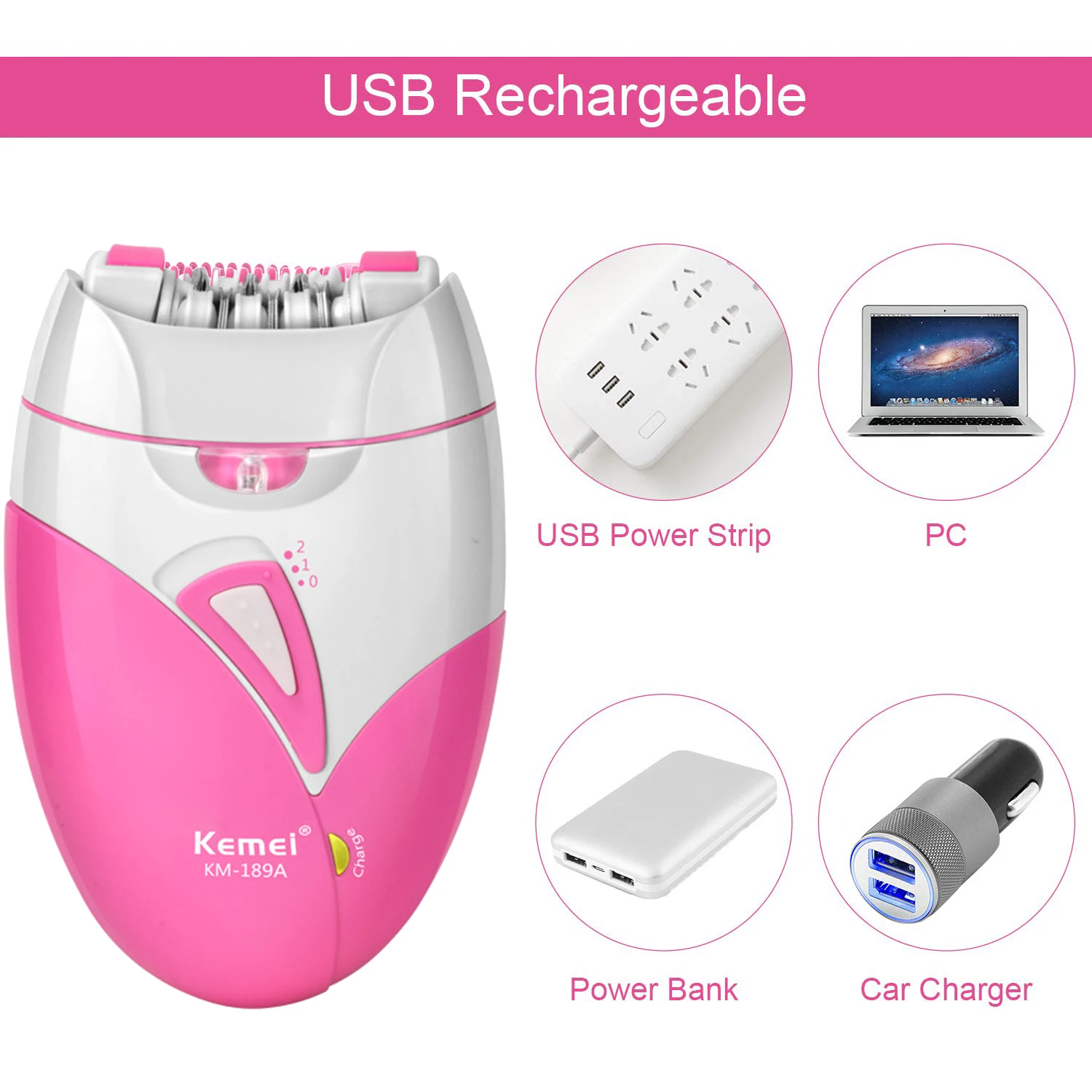 Kemei 189A Women Painless Epilator Rechargeable Body Hair Removal Machine Electric Shaving Private Part Bikini Armpit Depilation