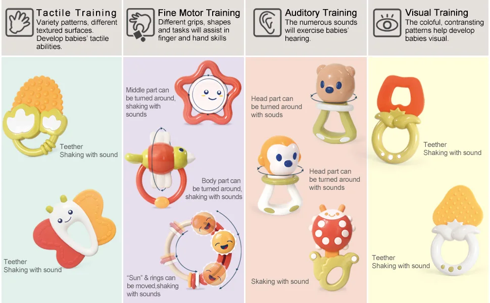 10PCS Baby Rattle 0-12 Months Newborn Soft Bell Teether Hand Shaking Crib Mobile Ring with Storage Box Educational Gift Toy