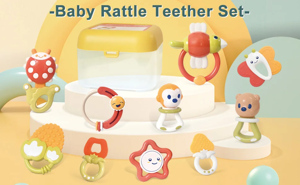10PCS Baby Rattle 0-12 Months Newborn Soft Bell Teether Hand Shaking Crib Mobile Ring with Storage Box Educational Gift Toy
