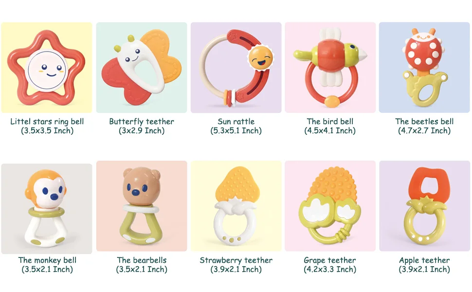 10PCS Baby Rattle 0-12 Months Newborn Soft Bell Teether Hand Shaking Crib Mobile Ring with Storage Box Educational Gift Toy