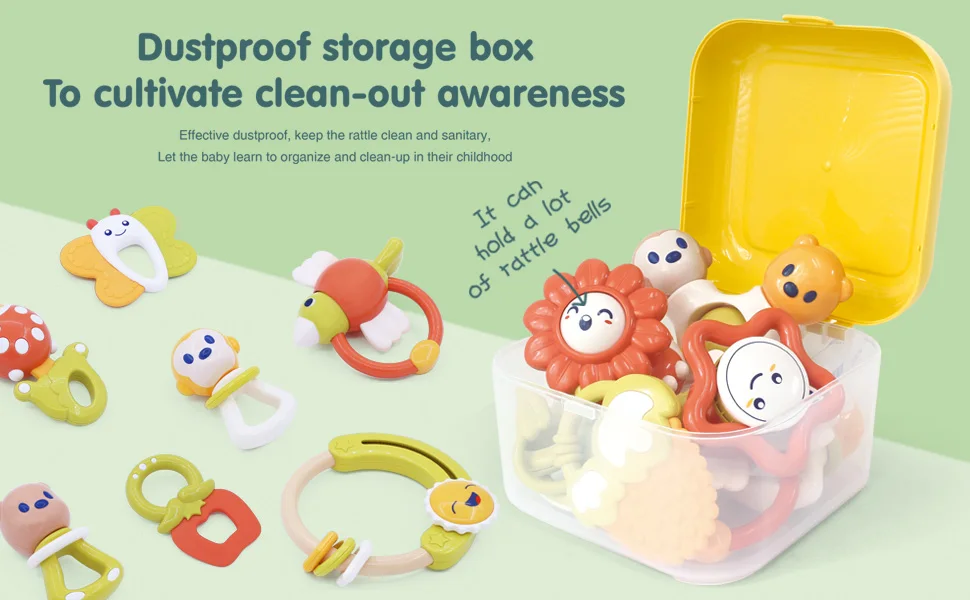 10PCS Baby Rattle 0-12 Months Newborn Soft Bell Teether Hand Shaking Crib Mobile Ring with Storage Box Educational Gift Toy