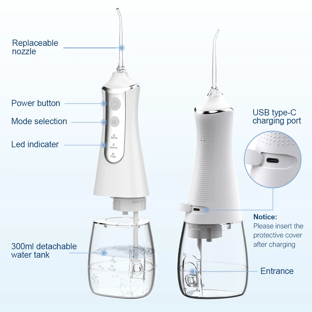 Dental Oral Irrigator Household Water Flosser Oral Cleaning Machine 5 Nozzles 3 Modes USB Rechargeable 300ml Water Tank