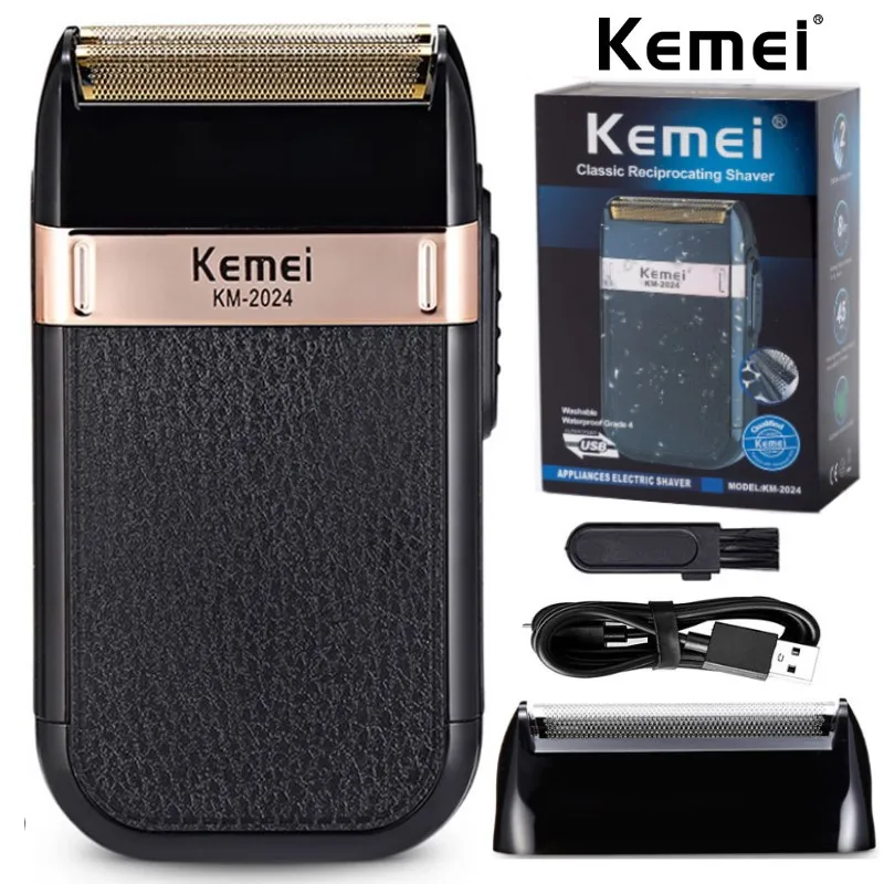 Kemei KM-2024 Powerful Rechargeable Shaver for Men Waterproof Electric Shaving Machine Bald Head Electric Razor with Extra Mesh