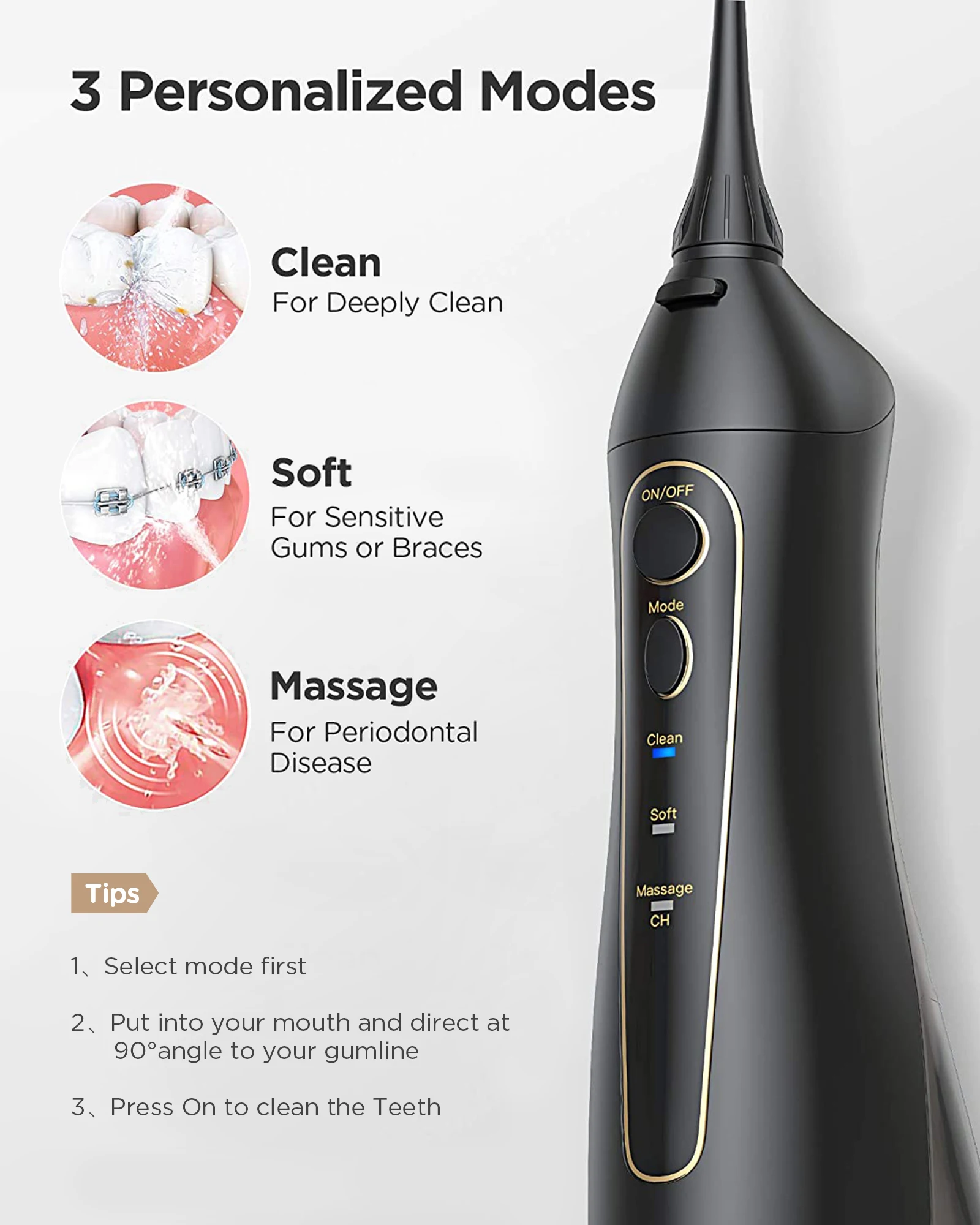 Fairywill Water Flossers for Teeth 300ML Oral Irrigator Rechargeable Portable Dental 3 Modes Water Tank Waterproof Teeth Cleaner