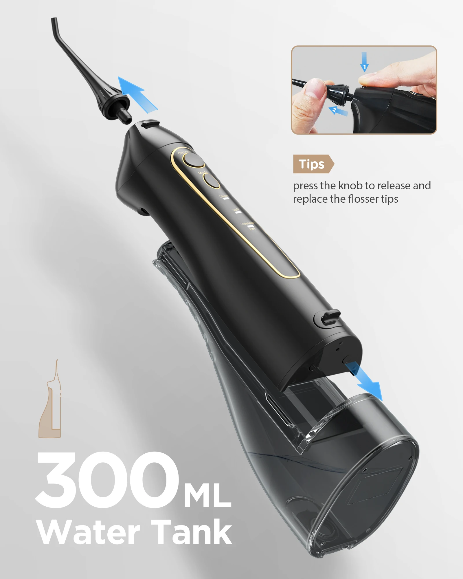 Fairywill Water Flossers for Teeth 300ML Oral Irrigator Rechargeable Portable Dental 3 Modes Water Tank Waterproof Teeth Cleaner