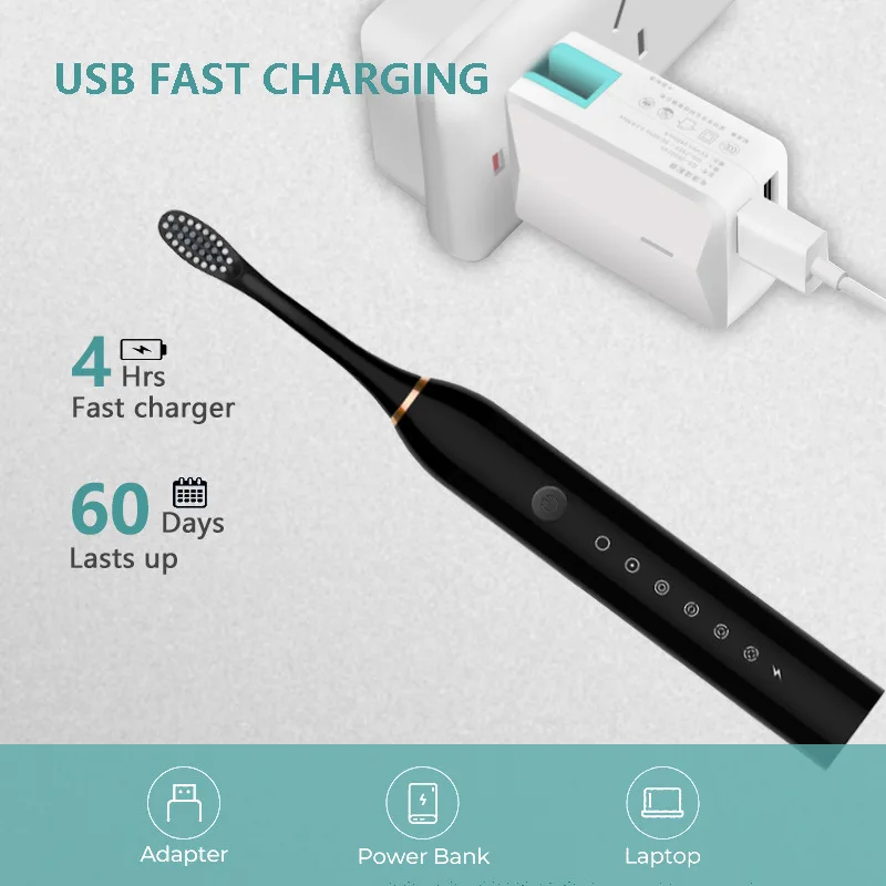 Adult Sonic Electric Toothbrush Ultrasonic Automatic USB Rechargeable IPX7 Waterproof Toothbrush Replaceable Tooth Brush Head