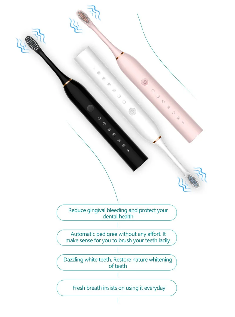 Adult Sonic Electric Toothbrush Ultrasonic Automatic USB Rechargeable IPX7 Waterproof Toothbrush Replaceable Tooth Brush Head
