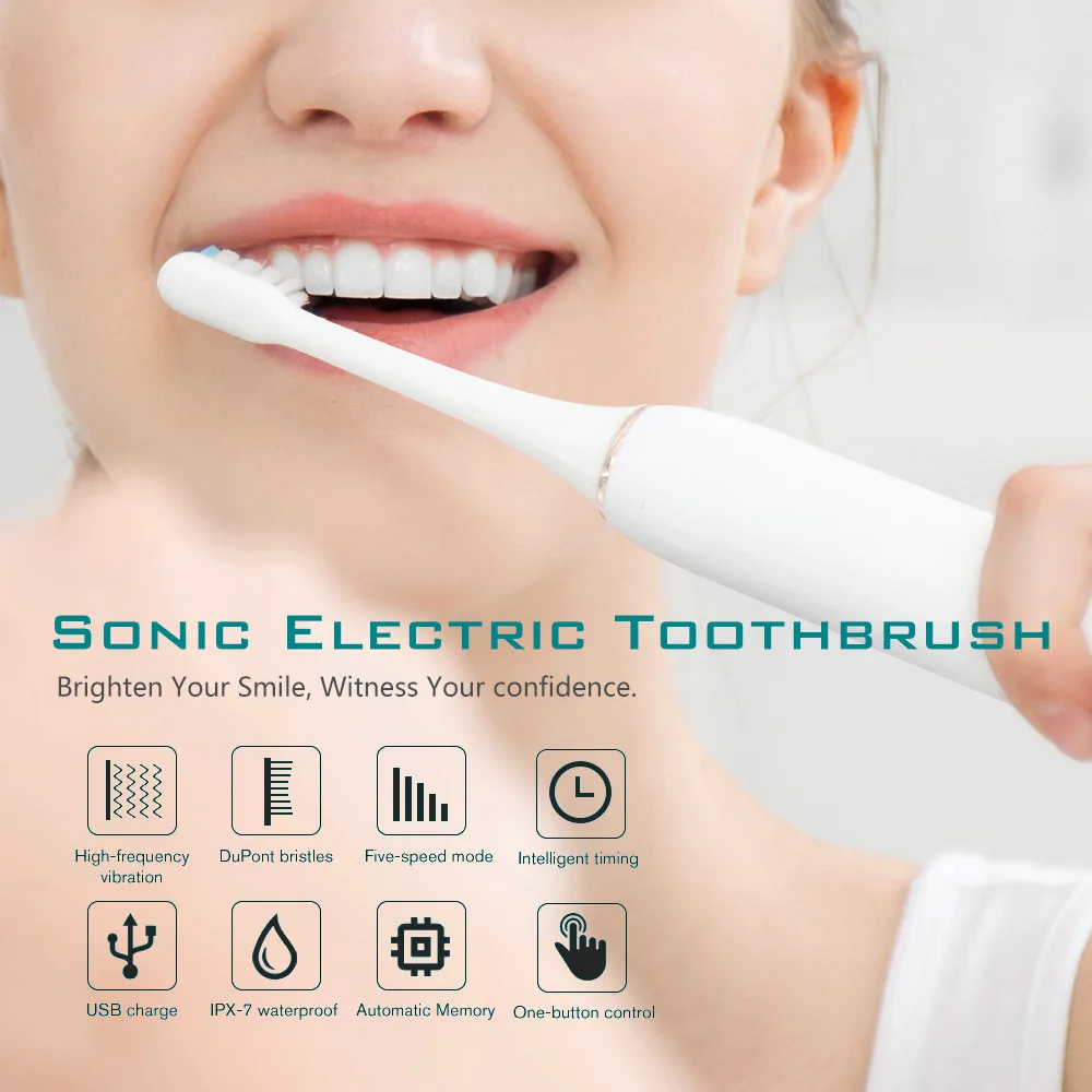 Adult Sonic Electric Toothbrush Ultrasonic Automatic USB Rechargeable IPX7 Waterproof Toothbrush Replaceable Tooth Brush Head