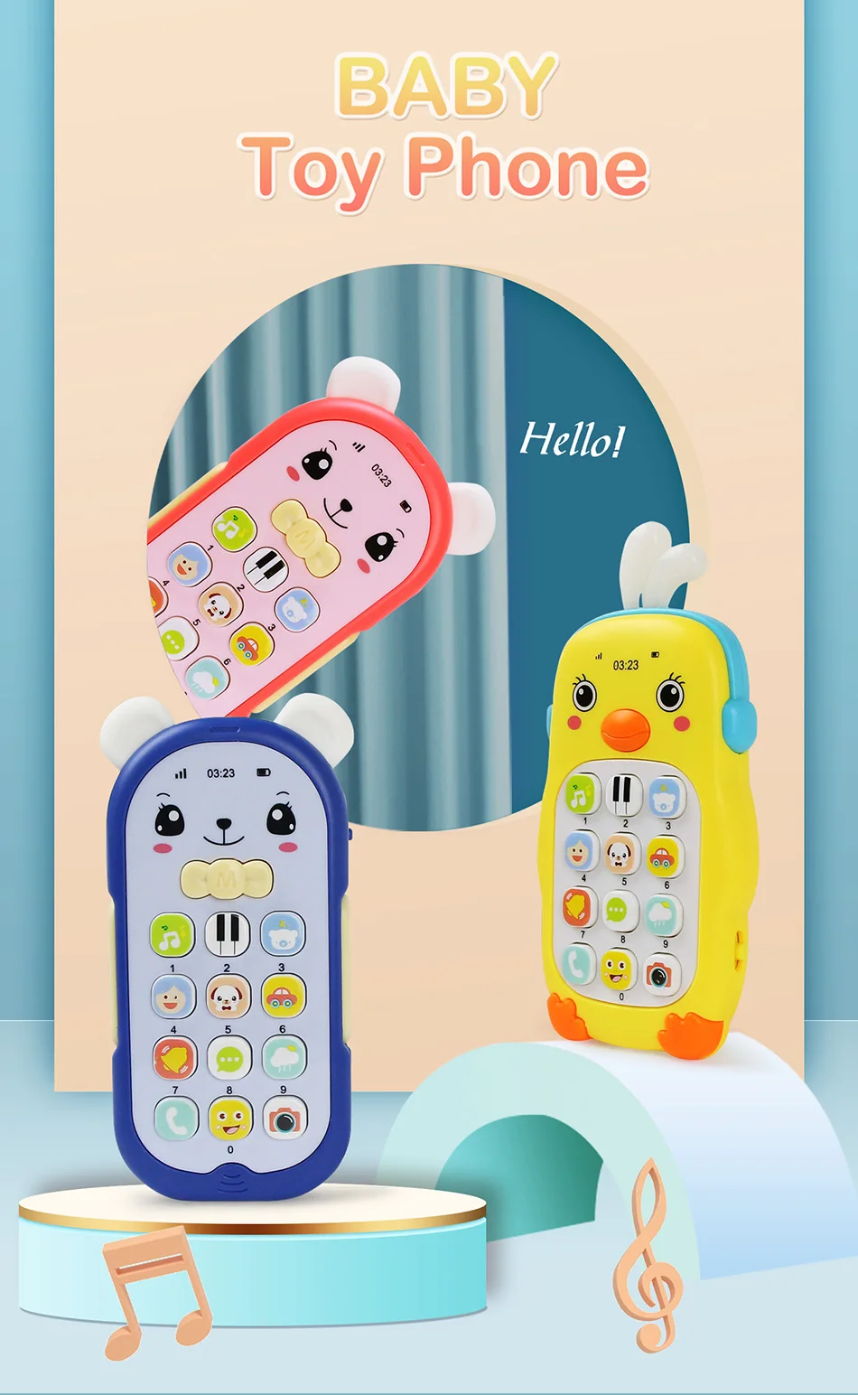 Baby Musical Mobile Phone Cartoon Teether Phone with Sound & Light Telephone Electronic Toy Eucational Learning Toys Baby Gifts