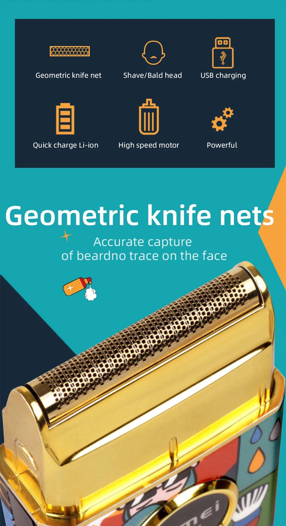 Kemei Titanium Double Foil Reciprocating Electric Shaver Professional Barber Finishing Razor Graffiti Pattern for Men KM-RS7098